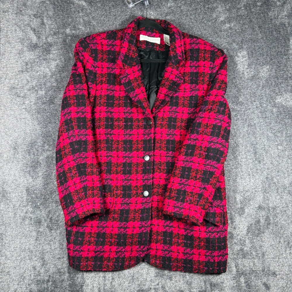 Valerie Stevens Pure Wool Blazer Red Black Plaid Longline Jacket Vintage Size 16